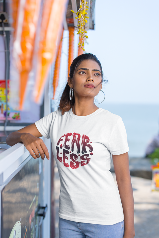 Fear less half sleeve white round neck t-shirt for women by hello swanky - s