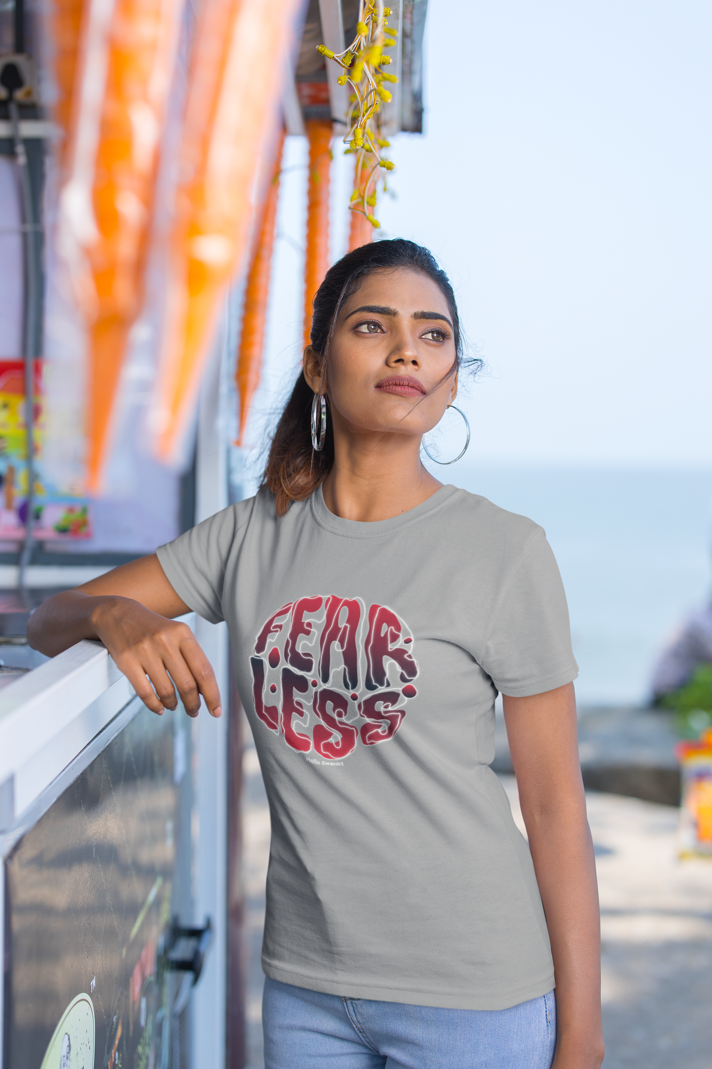 Fear less half sleeve grey round neck t-shirt for women by hello swanky