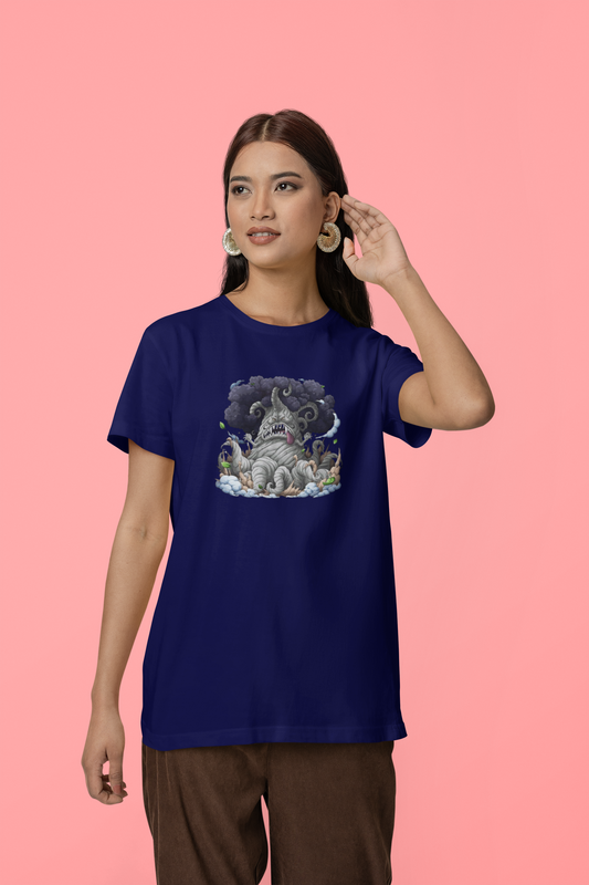 Kingbaum Half Sleeve Navy Blue Round Neck T-Shirt for Women