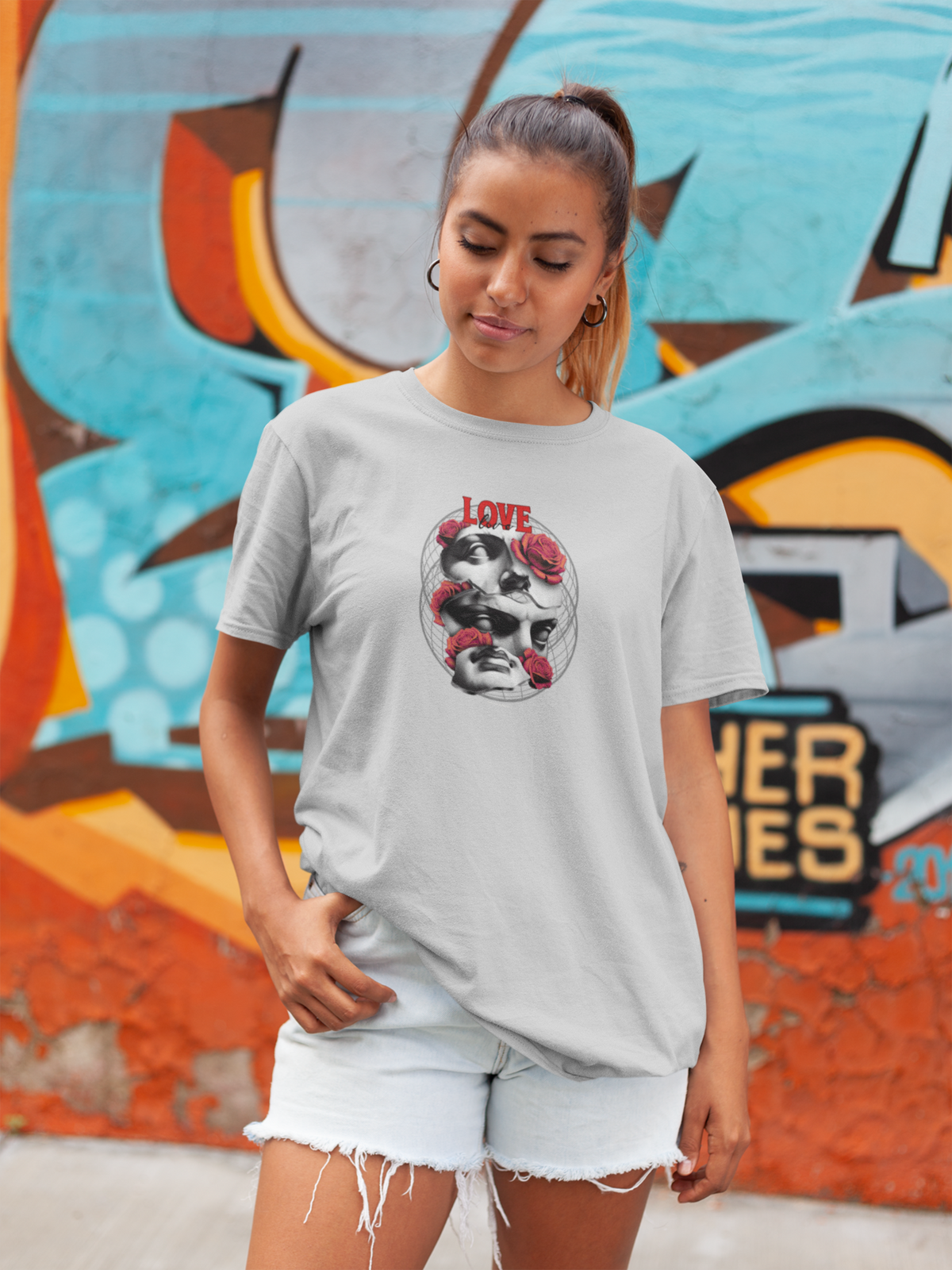 Love love Half Sleeve Grey Round Neck T-Shirt for Women by Hello Swanky