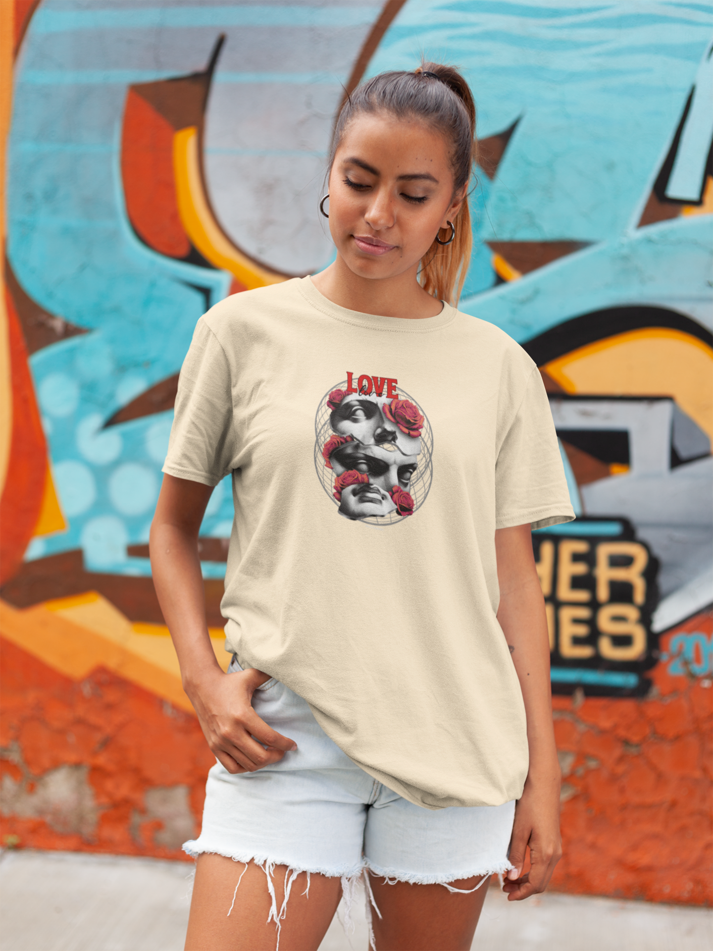 Love love half sleeve beige round neck t-shirt for women by hello swanky - s