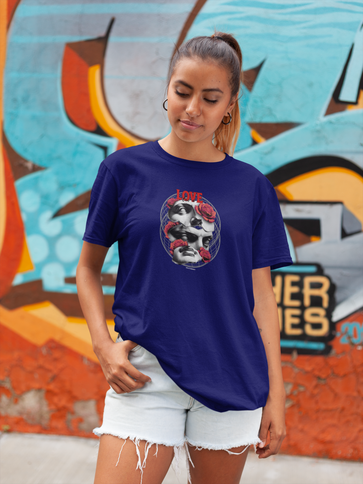 Love love half sleeve navy blue round neck t-shirt for women by hello swanky - s