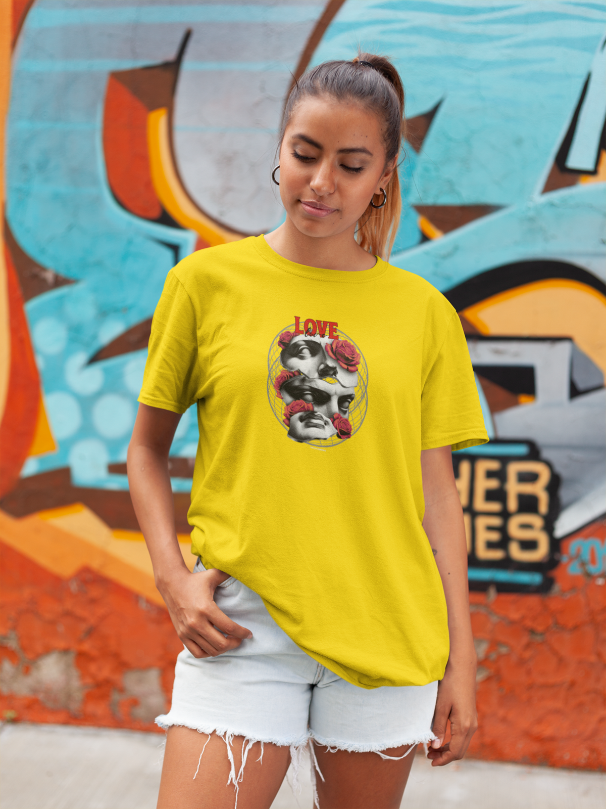 Love love Half Sleeve Yellow Round Neck T-Shirt for Women by Hello Swanky
