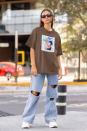 Baby Hinata Half Sleeve Brown Oversized T-Shirt for Women by Hello Swanky