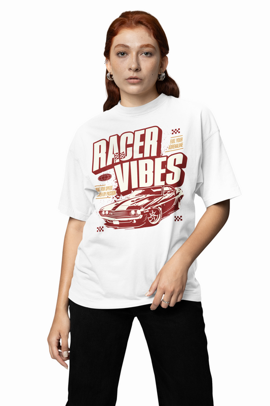 Oversized T-Shirts Racer Vibes White Motorsport Style Tee Fit