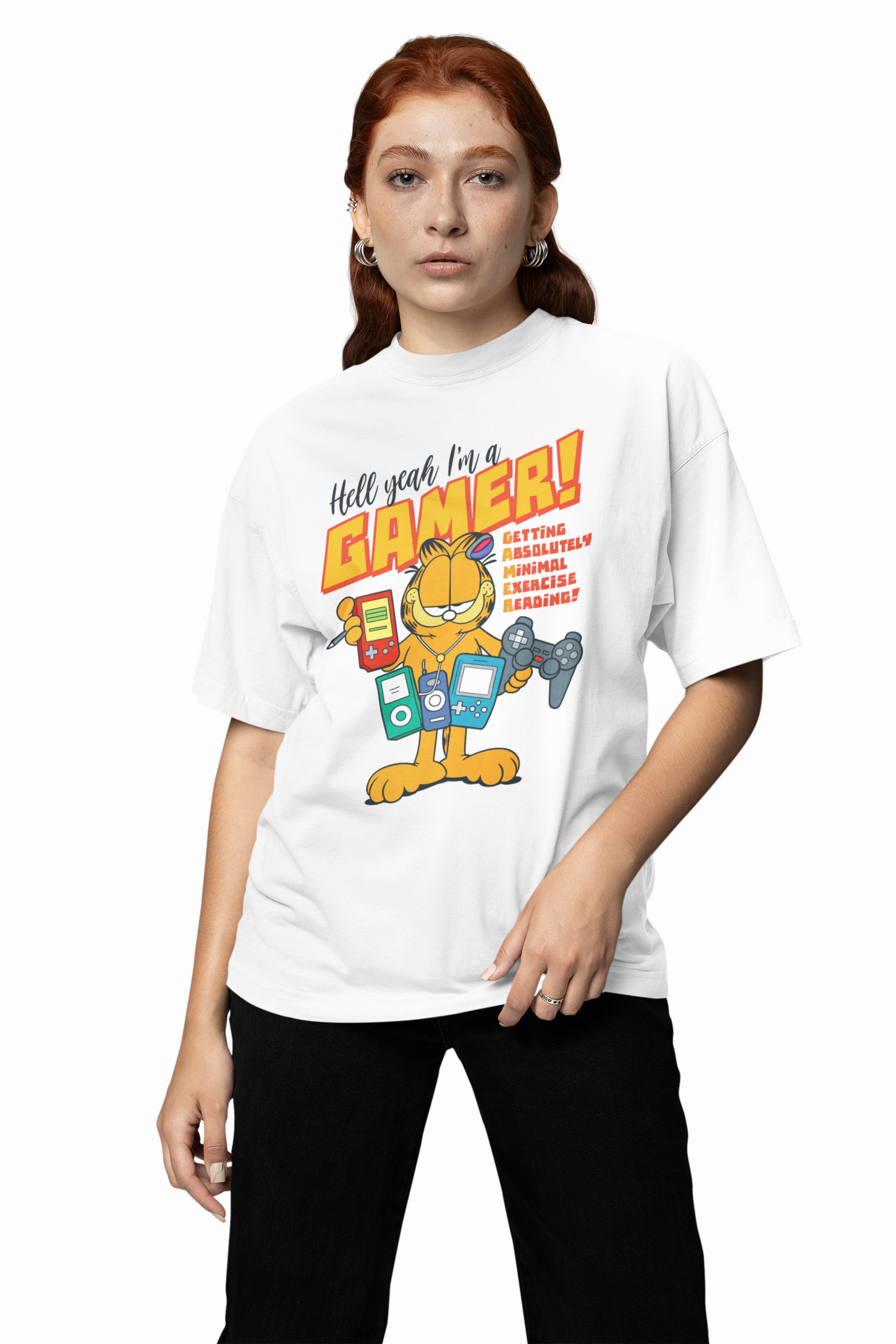 Garfield Gamer Oversized T-Shirts Funny Cartoon Streetwear