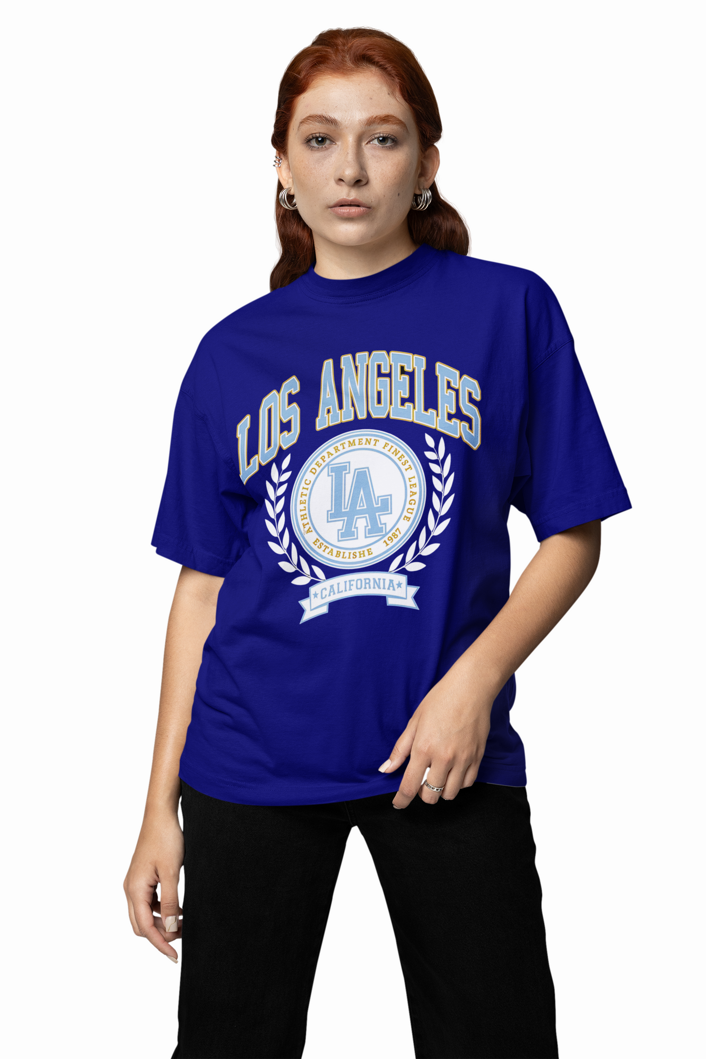 LA Athletic Oversized T-Shirt Blue Bold Graphic Design