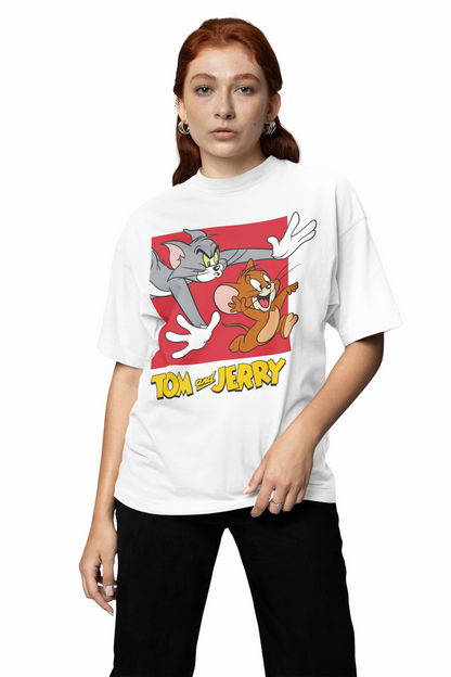 Tom And Jerry Fight White Oversized T-Shirt Premium Streetwear