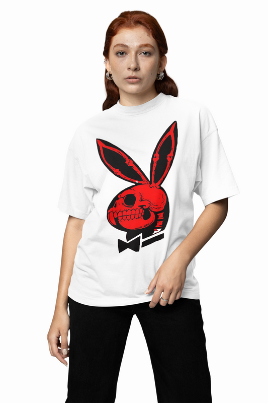 Playboy Skull Bunny White Oversized T-Shirt – Stylish Casual