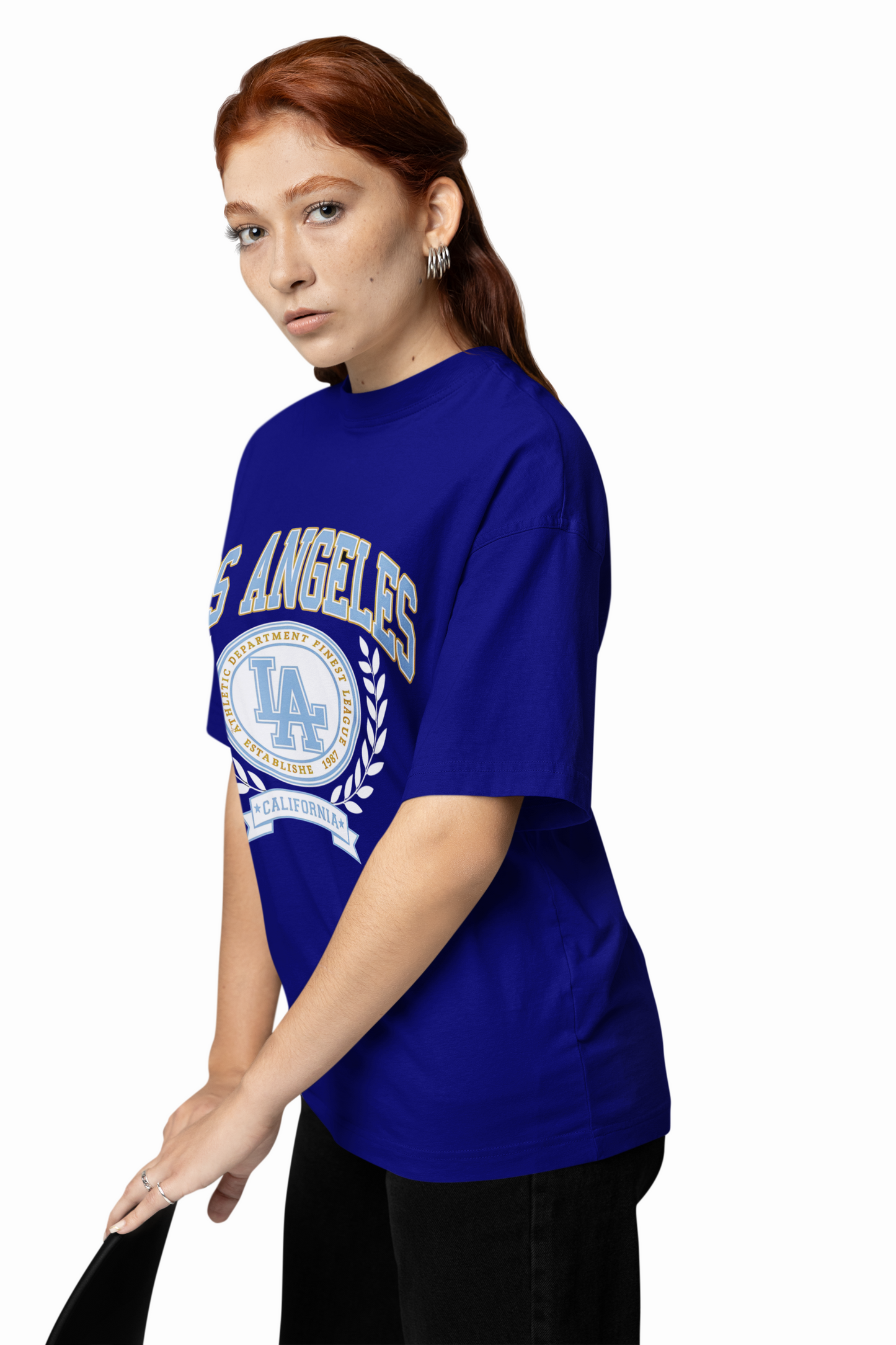 LA Athletic Oversized T-Shirt Blue Bold Graphic Design