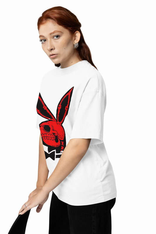 Playboy Skull Bunny White Oversized T-Shirt – Stylish Casual