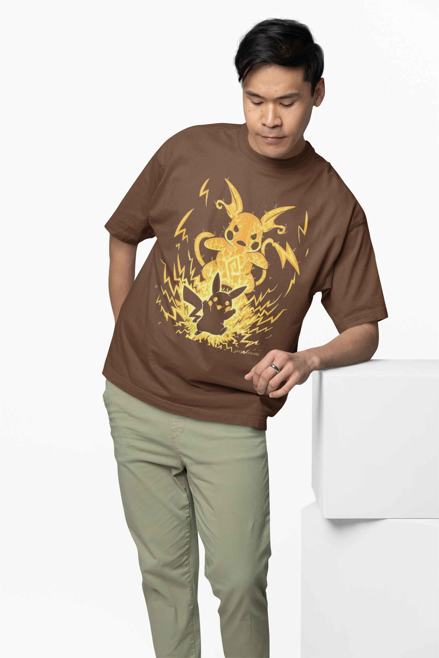 Raichu Oversized T-Shirts Brown Streetwear Casual Graphic Tee