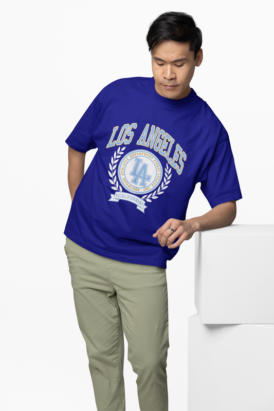 LA Athletic Oversized T-Shirt Blue Bold Graphic Design