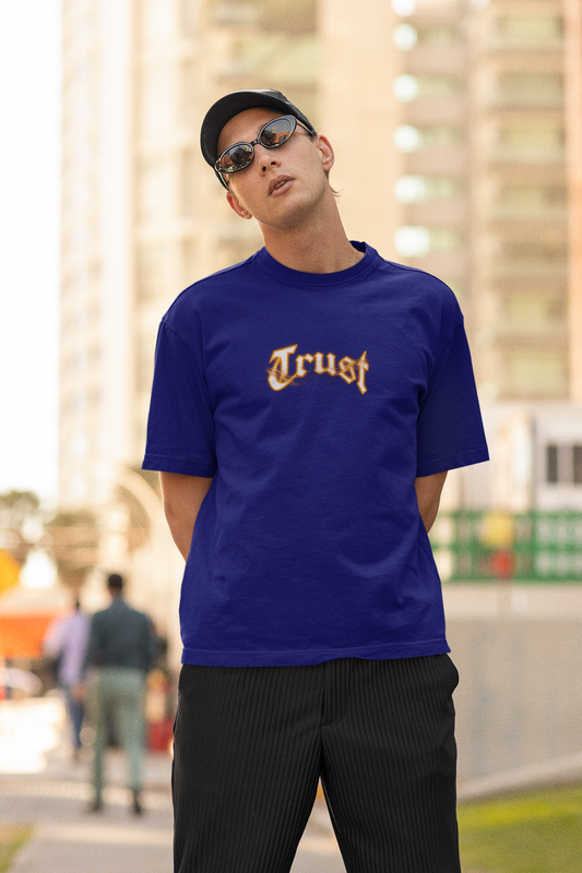Trust Half Sleeve Navy Blue Oversized T-Shirt for Men by Hello Swanky