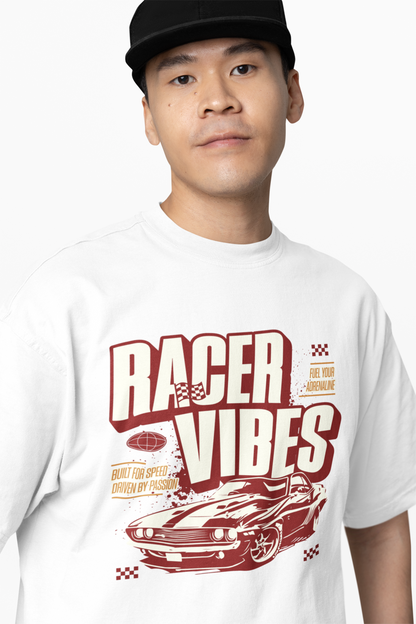 Oversized T-Shirts Racer Vibes White Motorsport Style Tee Fit