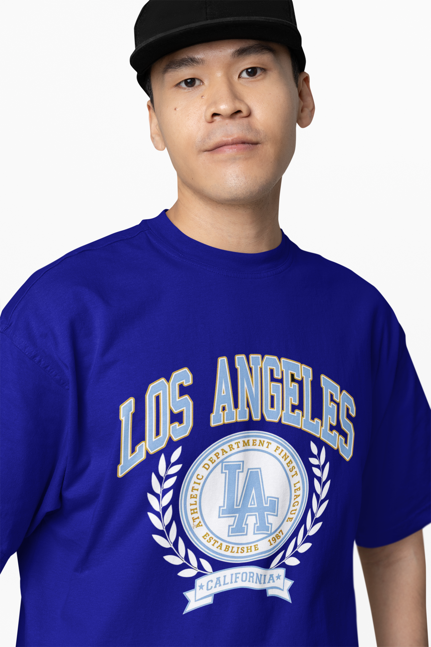 LA Athletic Oversized T-Shirt Blue Bold Graphic Design