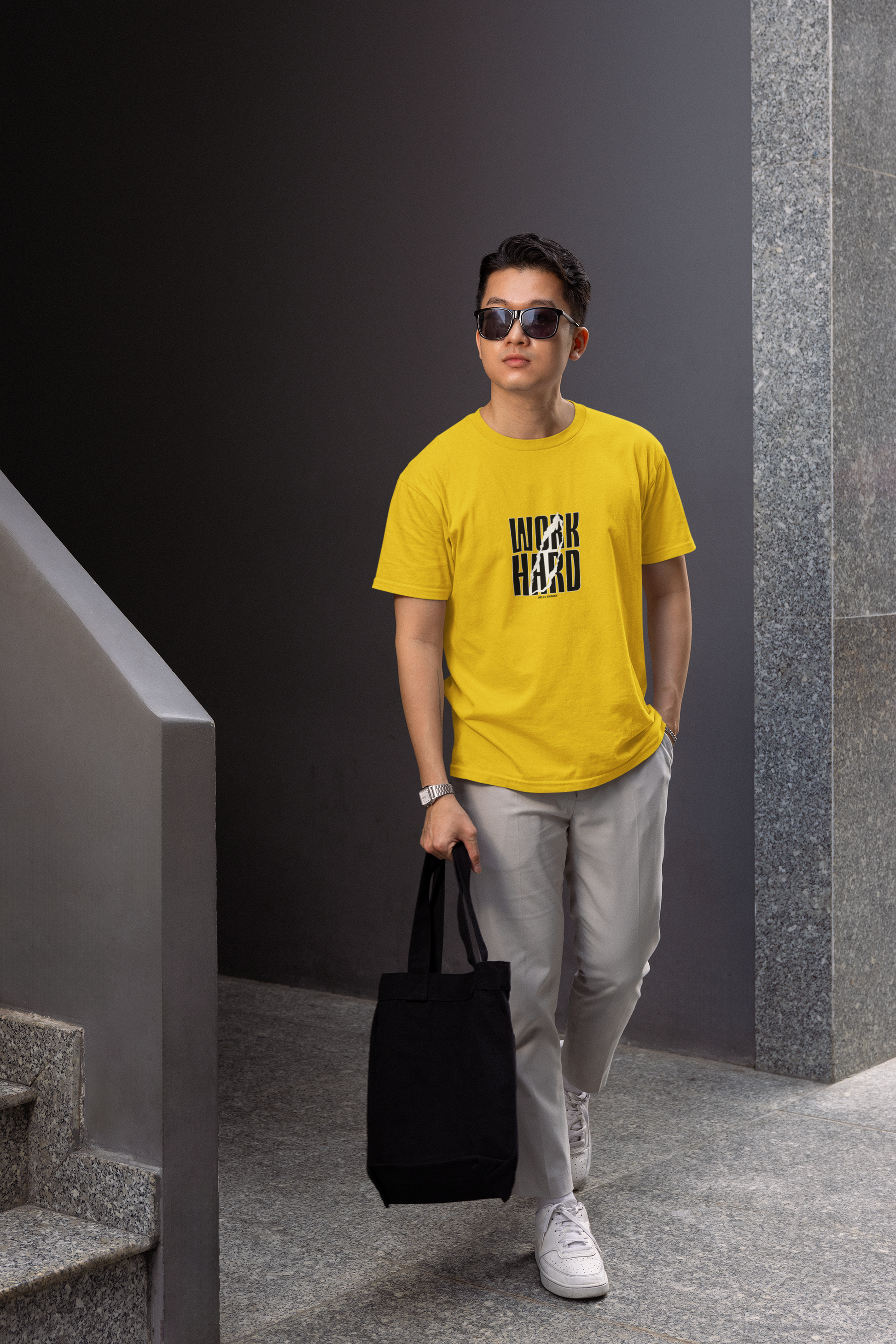 Hard work half sleeve yellow round neck t-shirt for men hello swanky - s