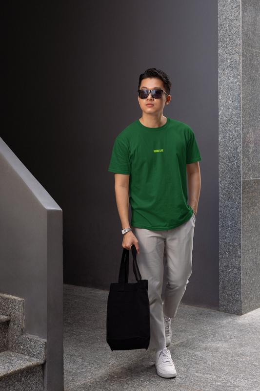 Hood life half sleeve bottle green round neck t-shirt for men by hello swanky