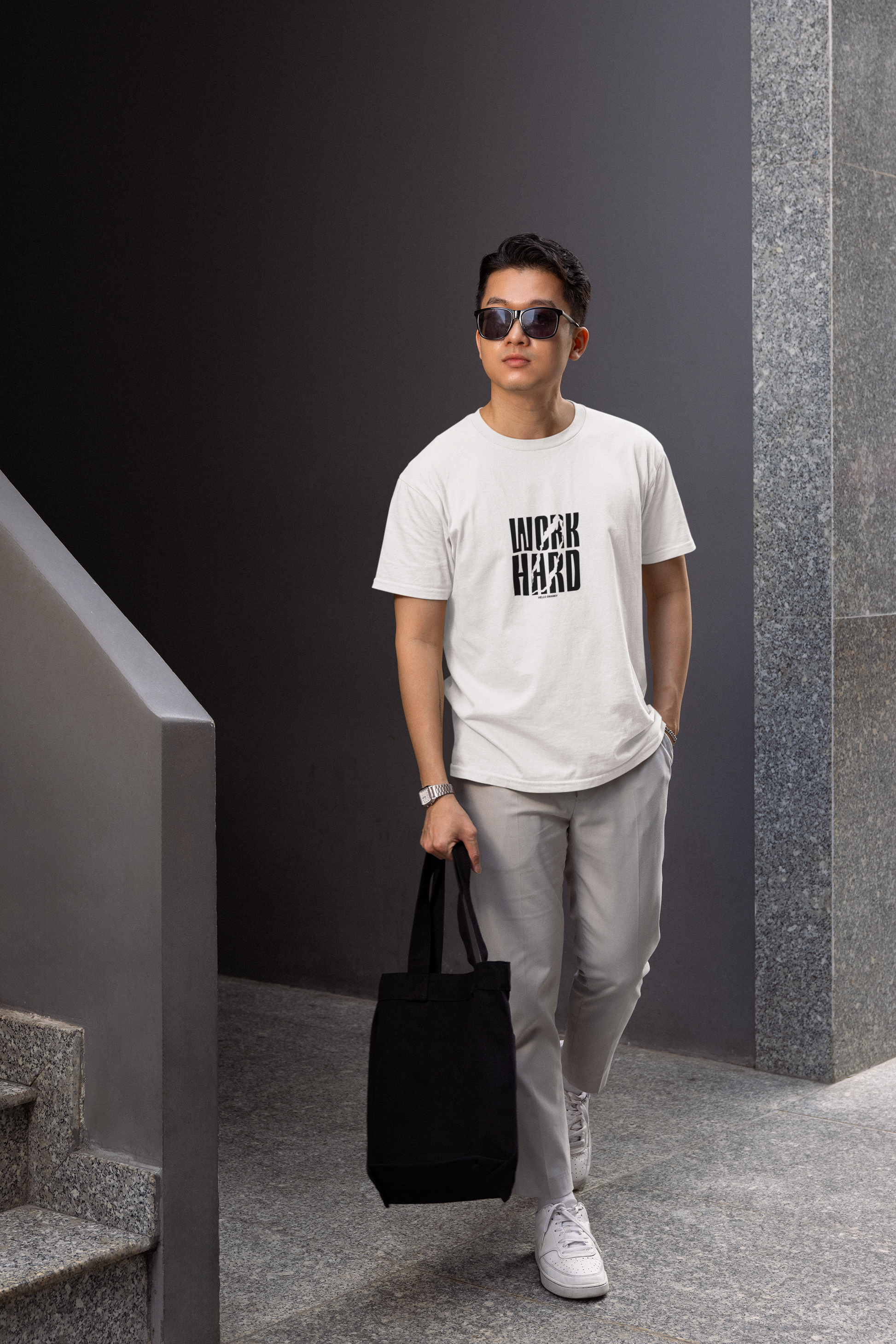 Hard work half sleeve white round neck t-shirt for men hello swanky - s