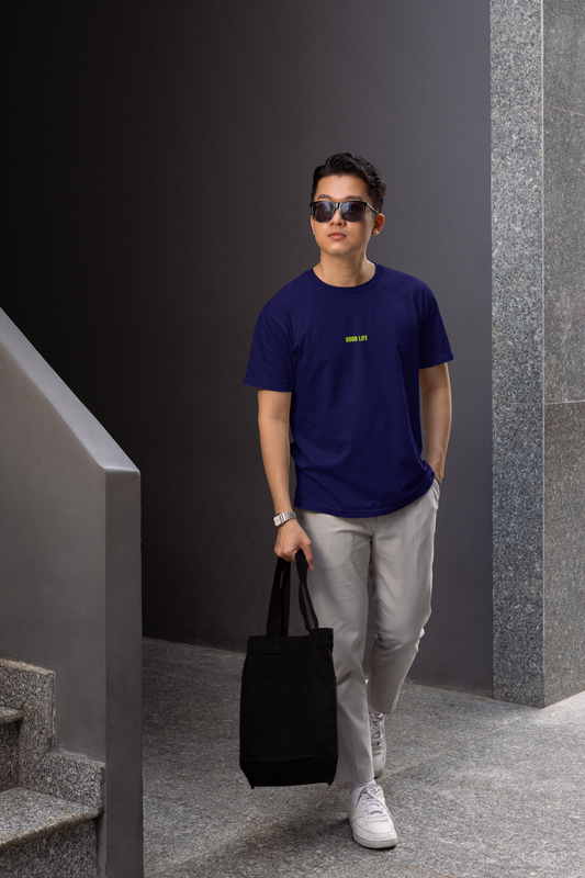 Hood life half sleeve navy blue round neck t-shirt for men by hello swanky - s