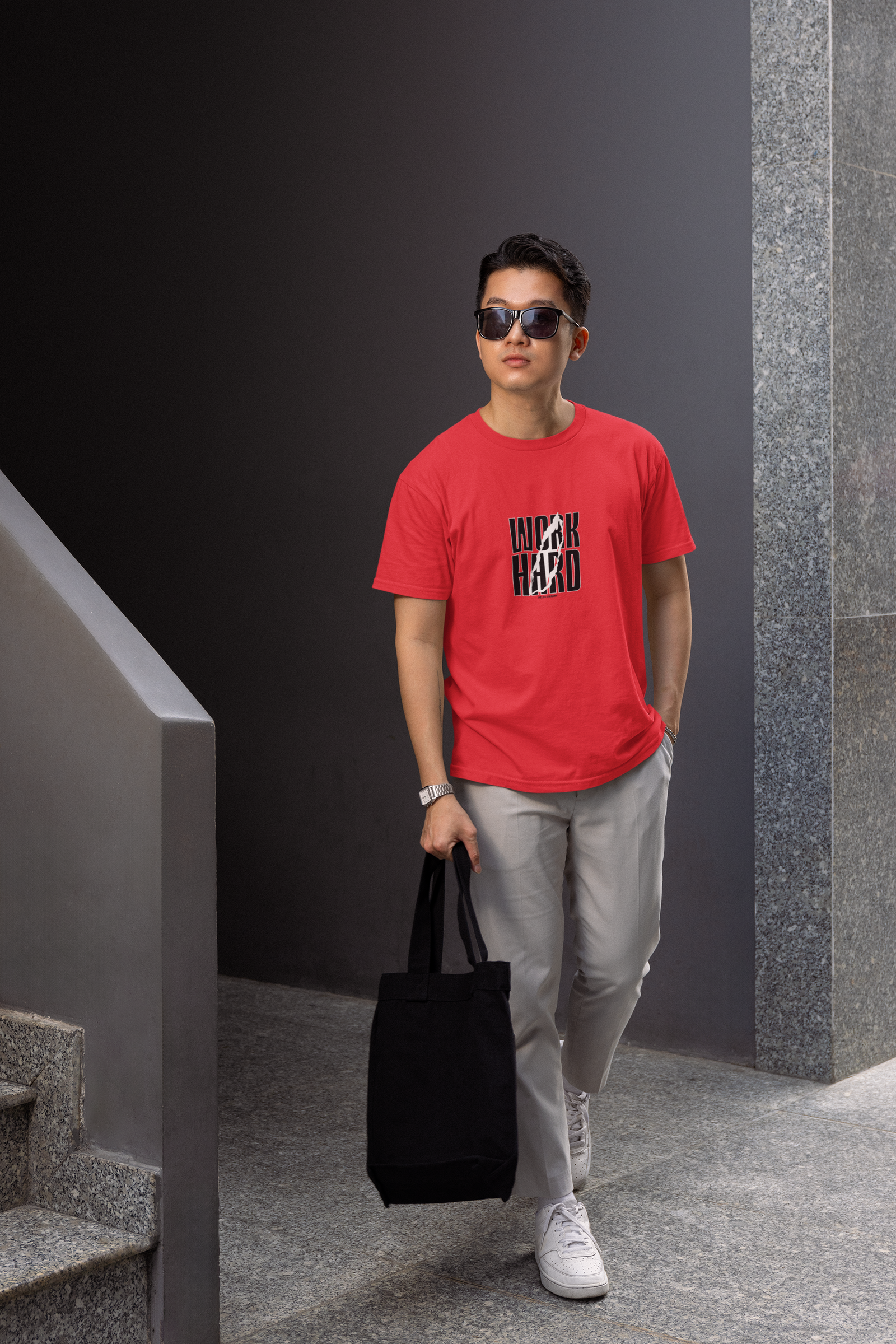 Hard work half sleeve red round neck t-shirt for men hello swanky - s