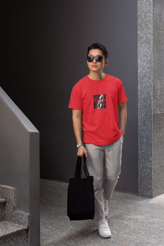 Hard work half sleeve red round neck t-shirt for men hello swanky - s