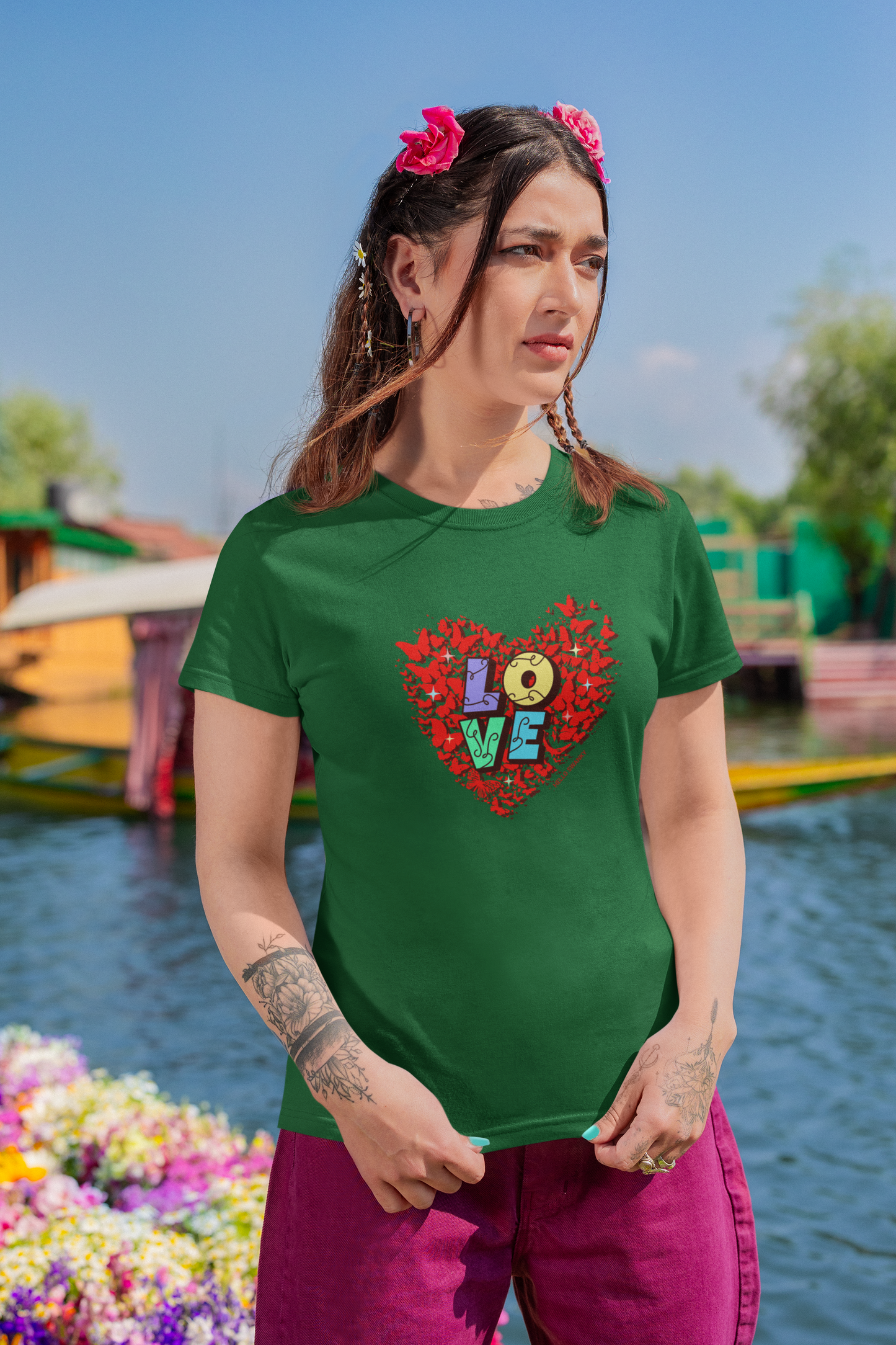 Love heart half sleeve bottle green round neck t-shirt for women by hello