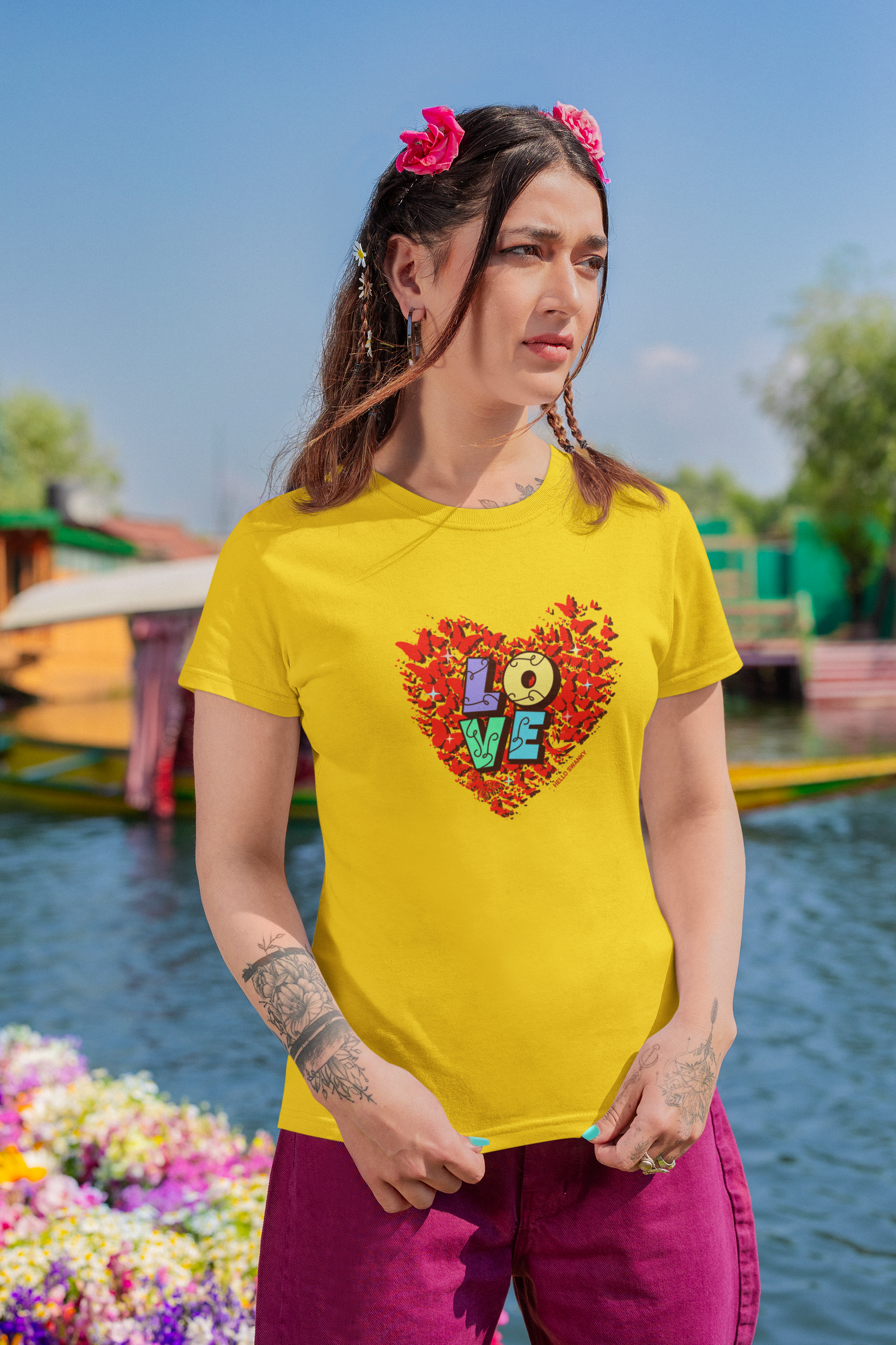 Love heart half sleeve yellow round neck t-shirt for women by hello swanky - s