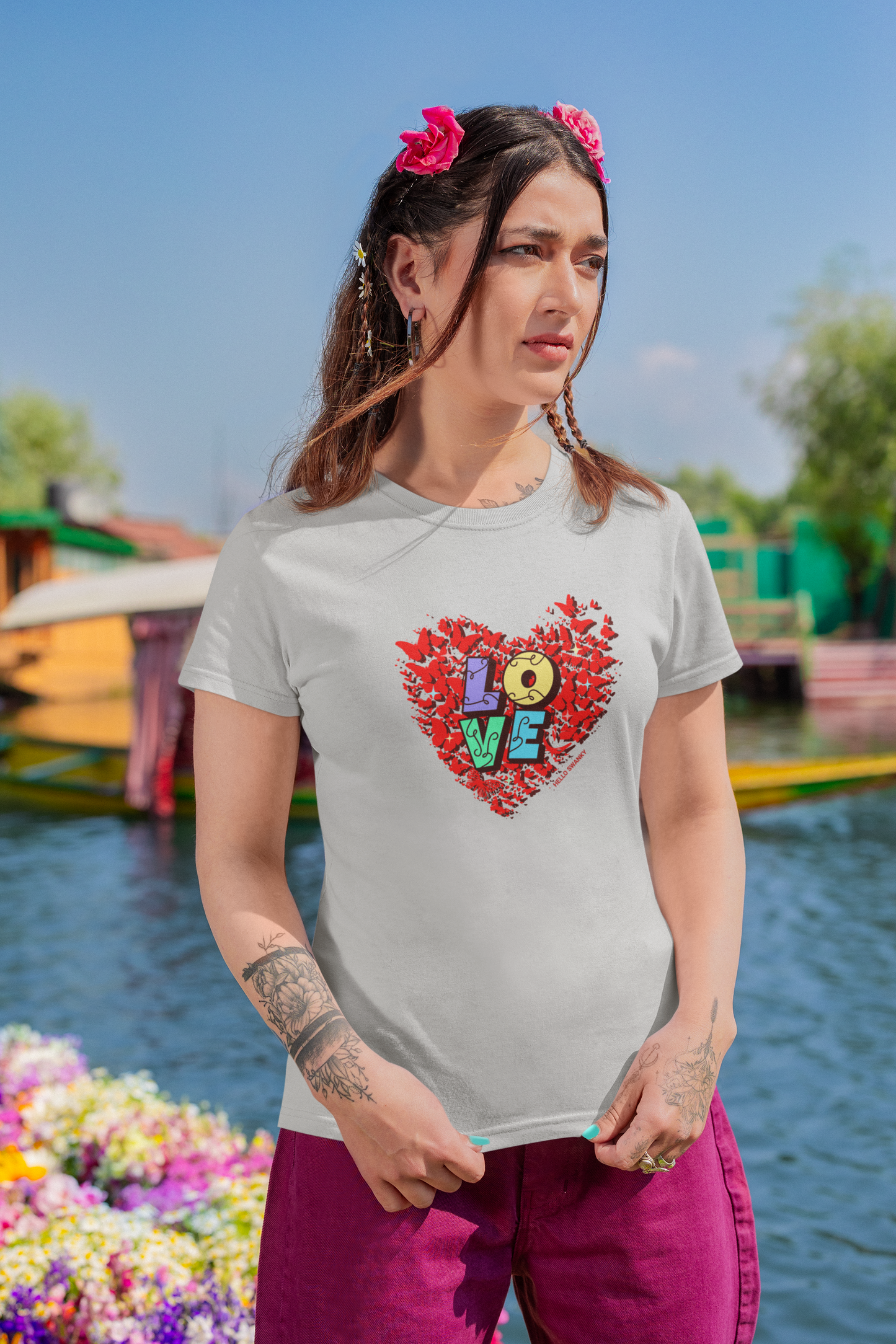 Love heart half sleeve grey round neck t-shirt for women by hello swanky - s