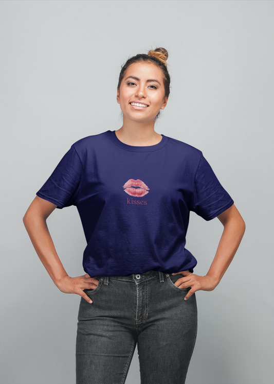 Kisses half sleeve navy blue oversized t-shirt for women by hello swanky - s