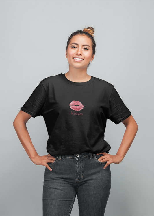 Kisses half sleeve black oversized t-shirt for women by hello swanky