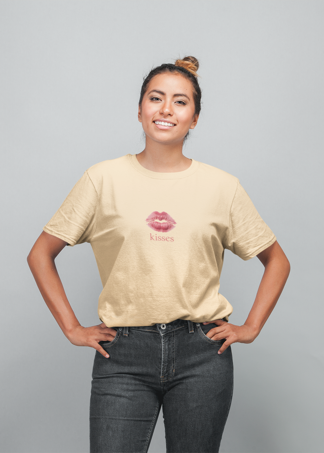 Kisses half sleeve beige oversized t-shirt for women by hello swanky