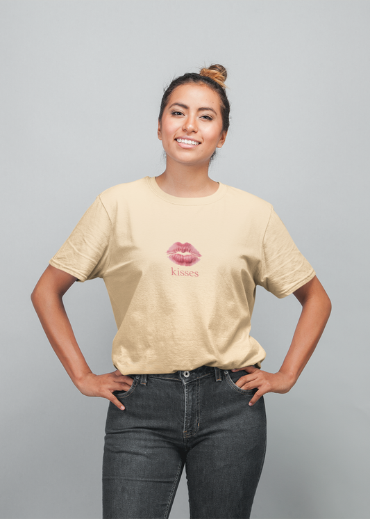 Kisses half sleeve beige oversized t-shirt for women by hello swanky