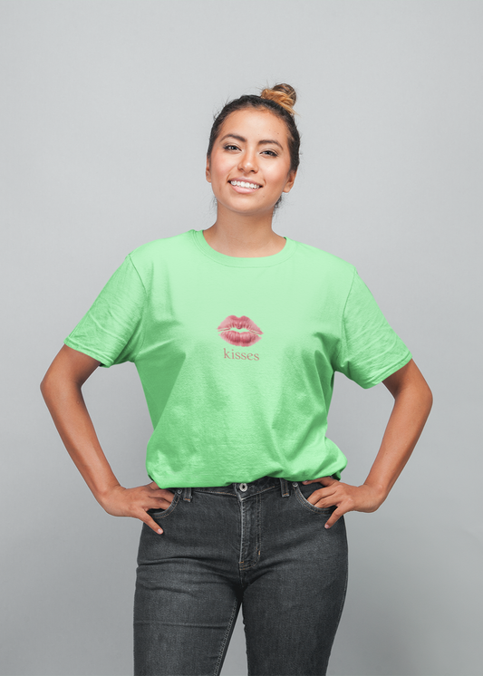 Kisses half sleeve saga green oversized t-shirt for women by hello swanky