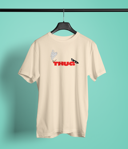 THUG Half Sleeve Beige Round Neck T-Shirt for Men Casual Style