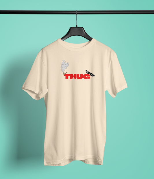 THUG Half Sleeve Beige Round Neck T-Shirt for Men Casual Style