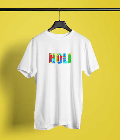 White Round Neck T-Shirt Holi Festive Unisex Casual Wear