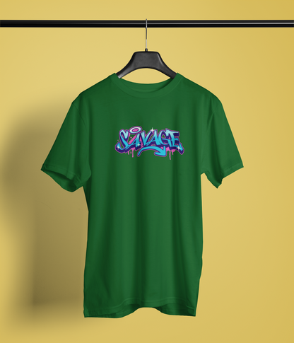 Savage Half Sleeve Bottle Green Round Neck T-Shirt for Men Bold Style