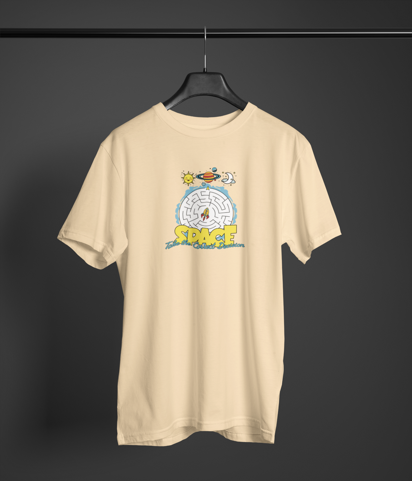 Space Correct Decision Half Sleeve Beige Round Neck T-Shirt for Men