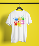 Happy Holi Half Sleeve White Round Neck T-Shirt for Men by Hello Swanky