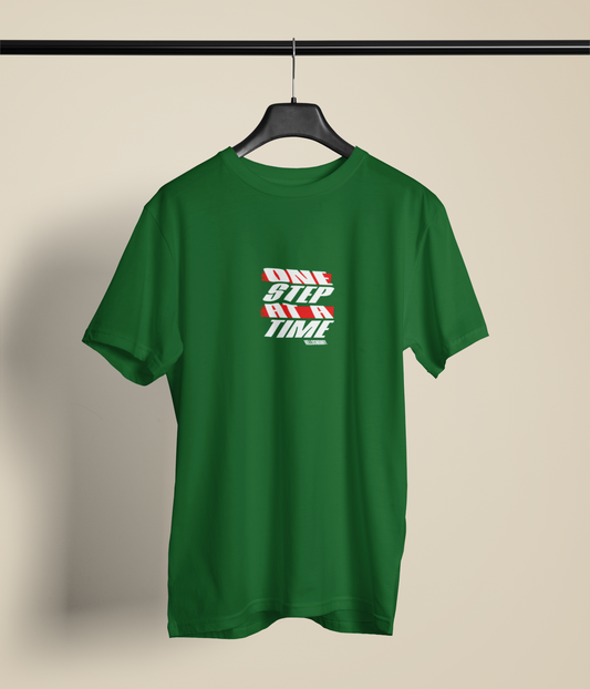 One Step at a Time Half Sleeve Bottle Green Round Neck T-Shirt for Men by Hello Swanky
