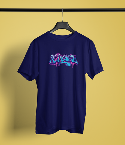Savage Half Sleeve Navy Blue Round Neck T-Shirt for Men Bold Style