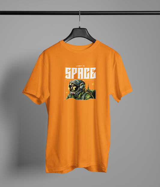 Lost In Space Orange Round Neck T-Shirt Men Space Streetwear