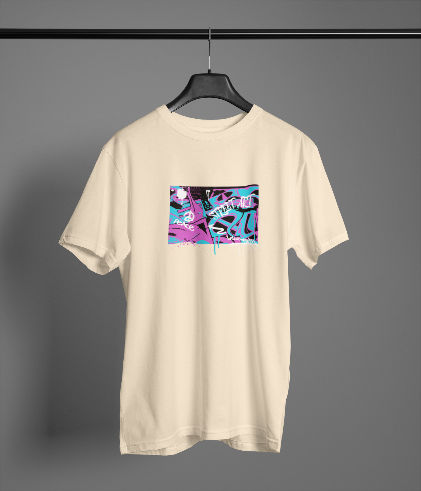 Street Art Half Sleeve Beige Round Neck T-Shirt Casual Tees
