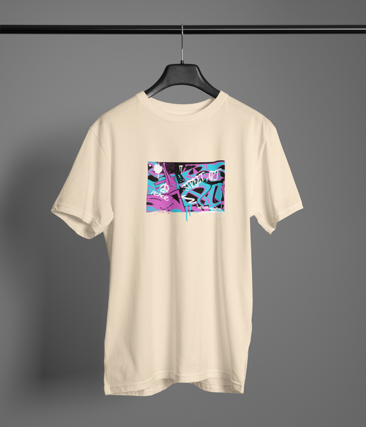 Street Art Half Sleeve Beige Round Neck T-Shirt Casual Tees