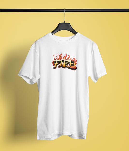 Fire Half Sleeve White Round Neck T-Shirt for Men  Casual