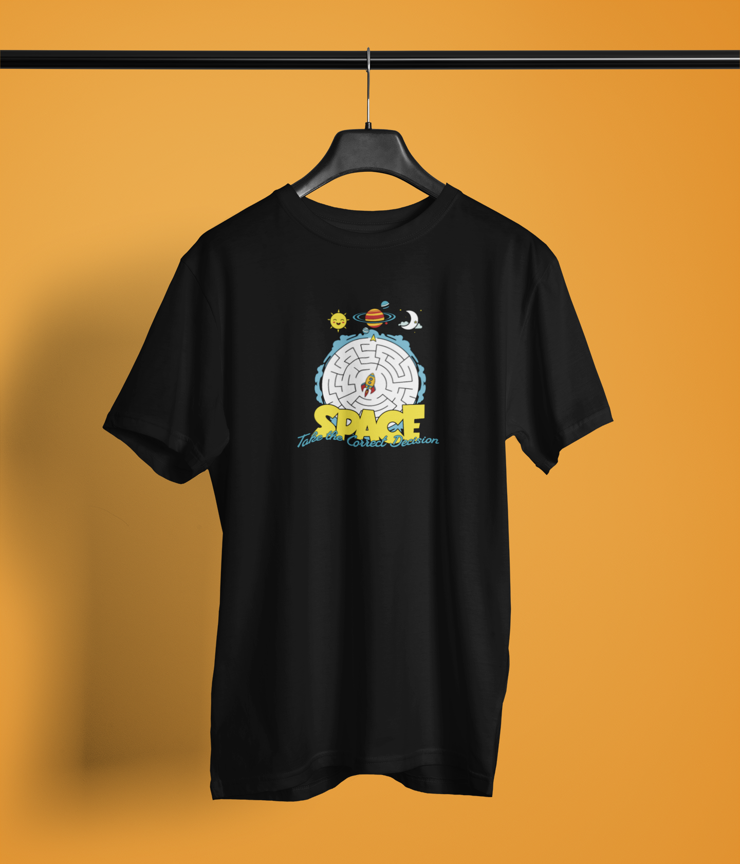 Space Correct Decision Half Sleeve Black Round Neck T-Shirt for Men