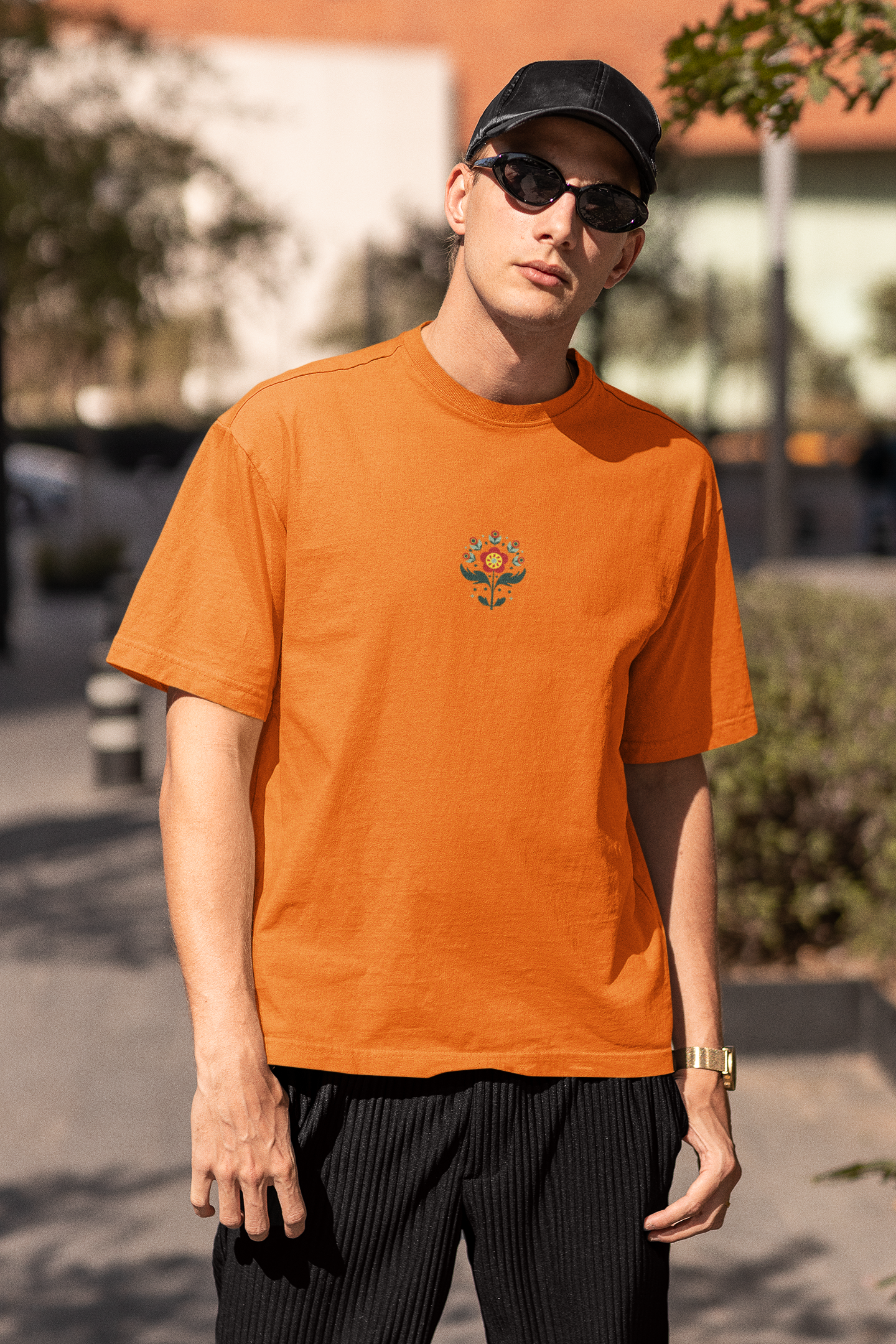 Petals of strength half sleeve orange oversized t-shirt for men by hello swanky