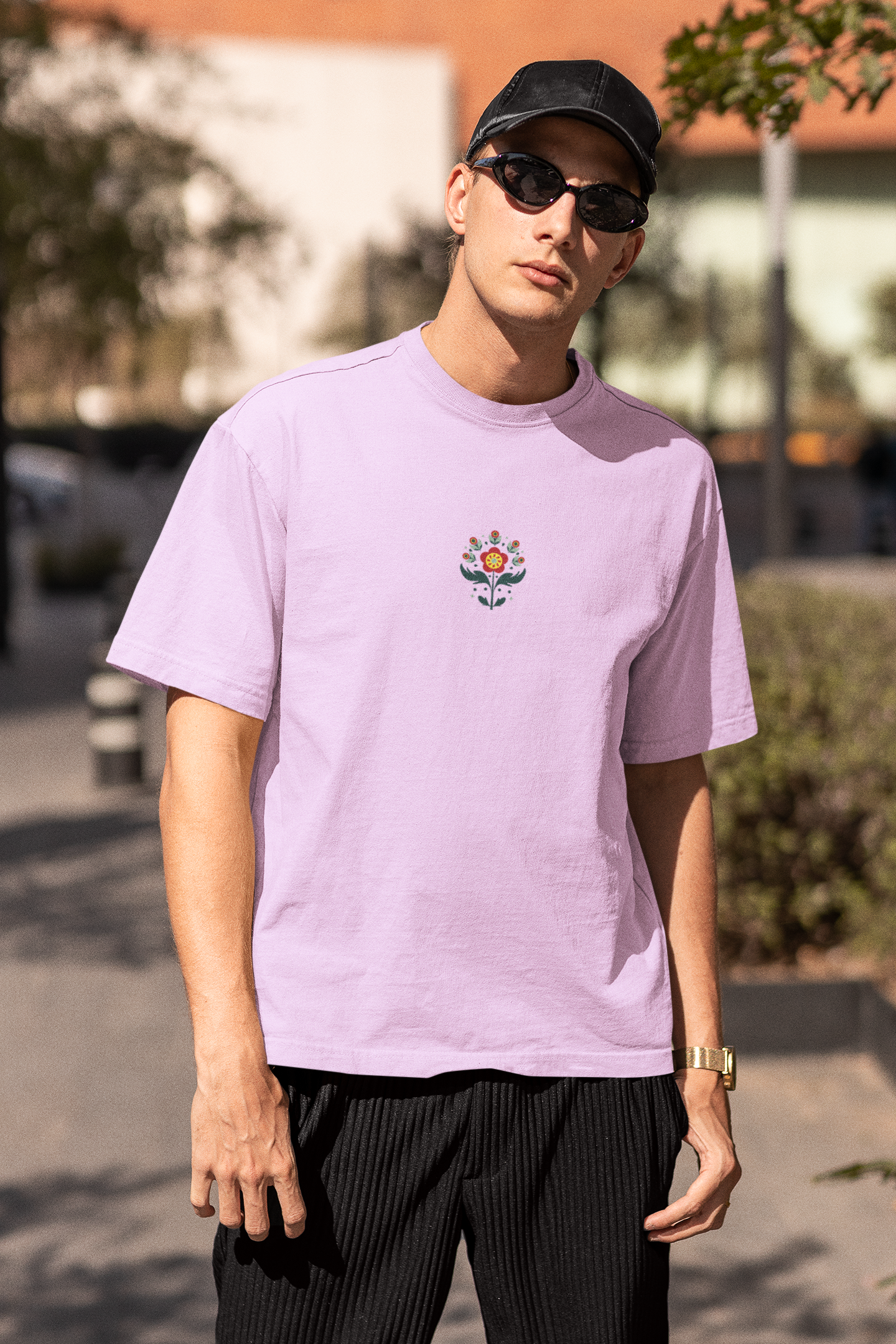 Petals of strength half sleeve lavender oversized t-shirt for men by hello
