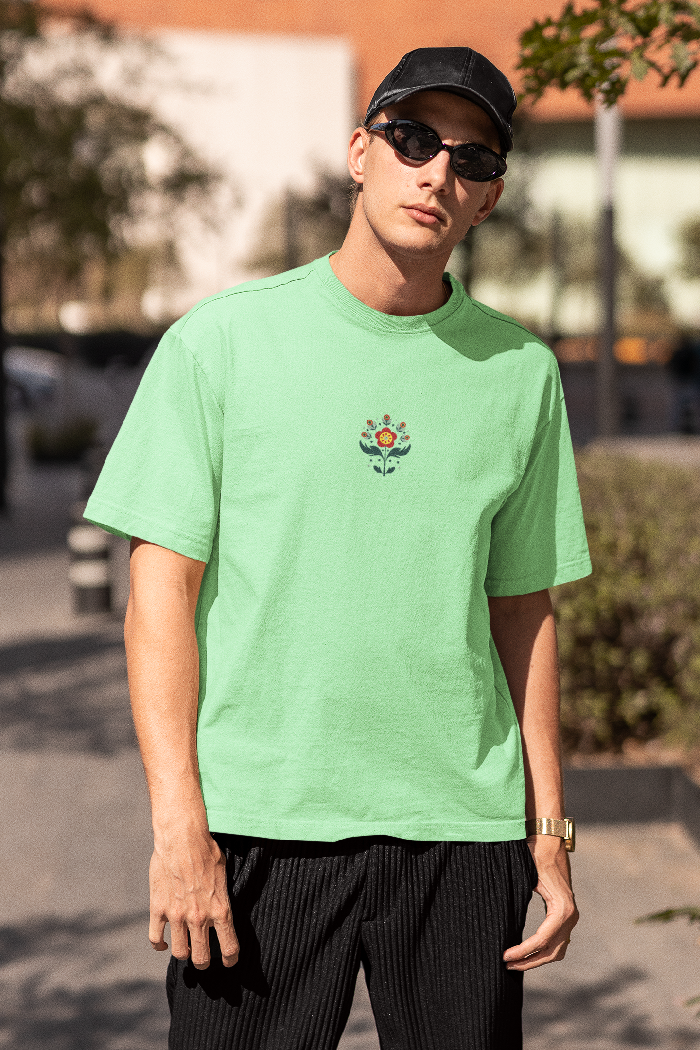 Petals of strength half sleeve saga green oversized t-shirt for men by hello